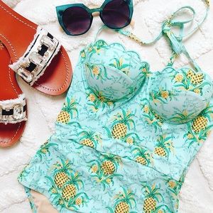 Scalloped Halter Pineapple One-Piece Swimsuit